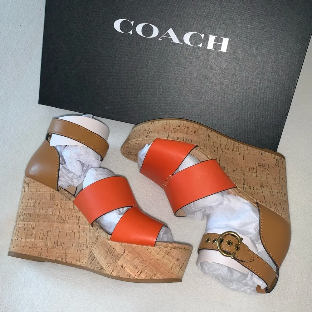 NEW! COACH Isla Colorblock Wedges, Leather & Cork, size 8.5, Brand New in Box! - Picture 5 of 16